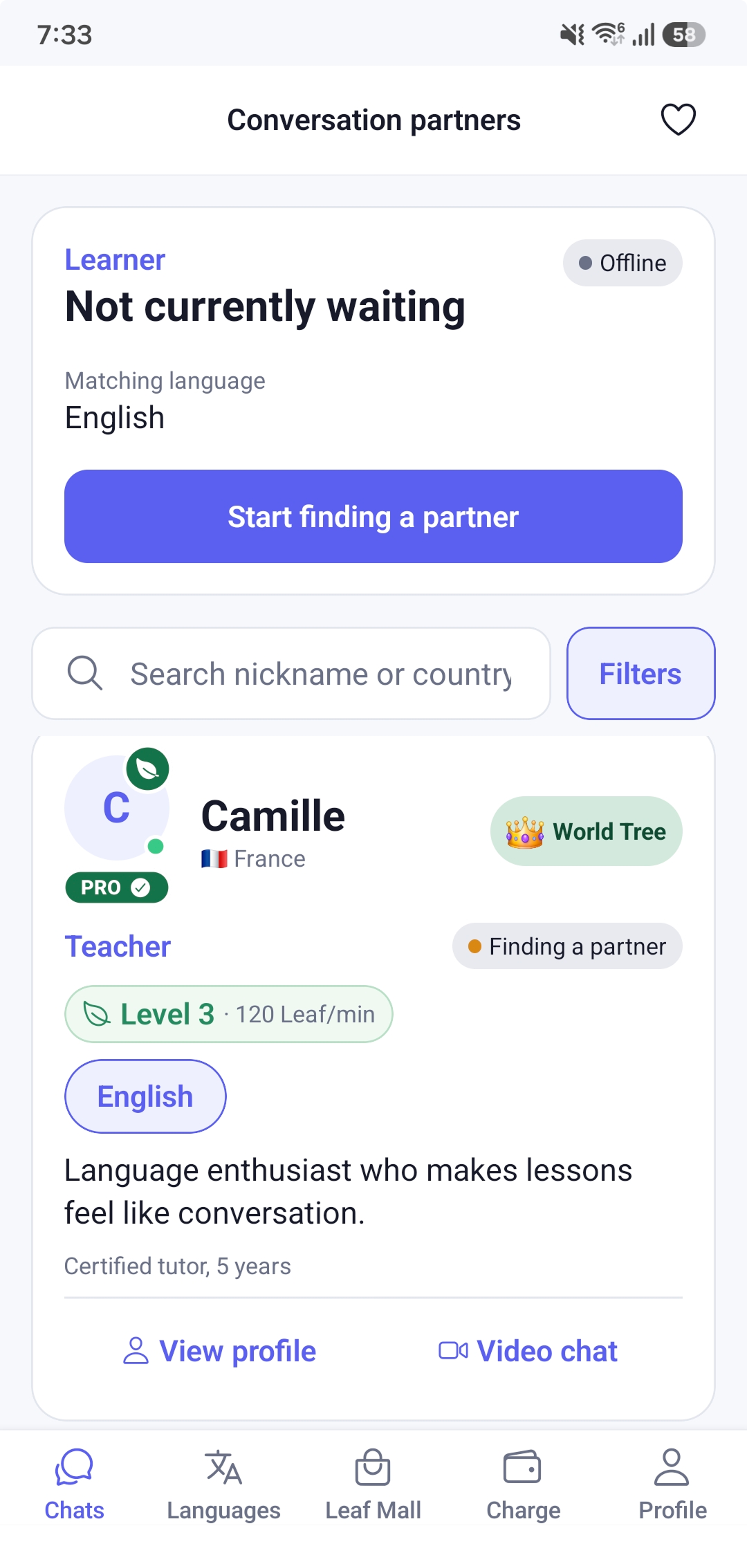 Conversation partner profile in Tongotree